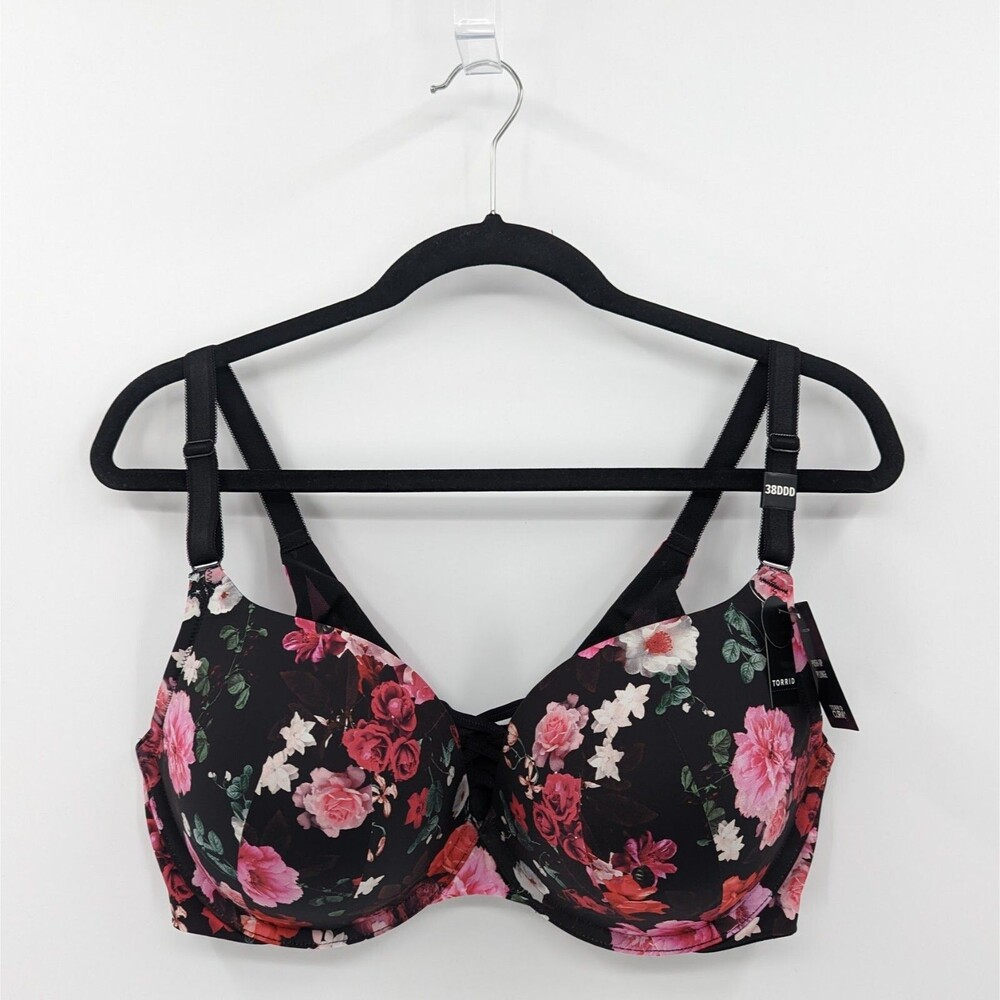 Torrid Curve Bra 38DDD Black Marah Floral XO Plunge Smooth 360 Back Smoothing